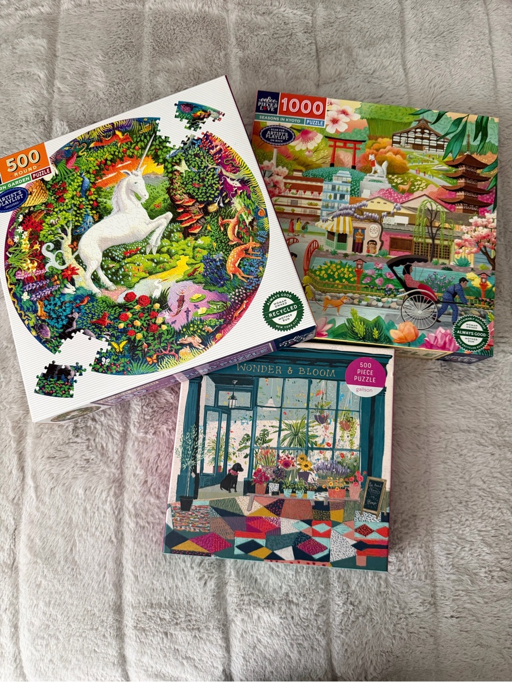 Unicorn, Kyoto & Flowers Puzzle Bundle - 500 and 1000 piece puzzles
